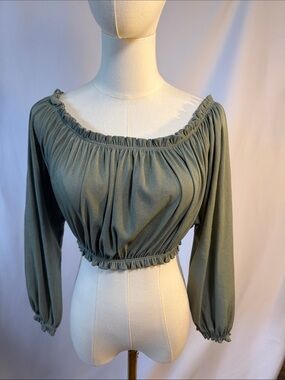 Zara Sage Green Off-Shoulder Smocked Crop Top